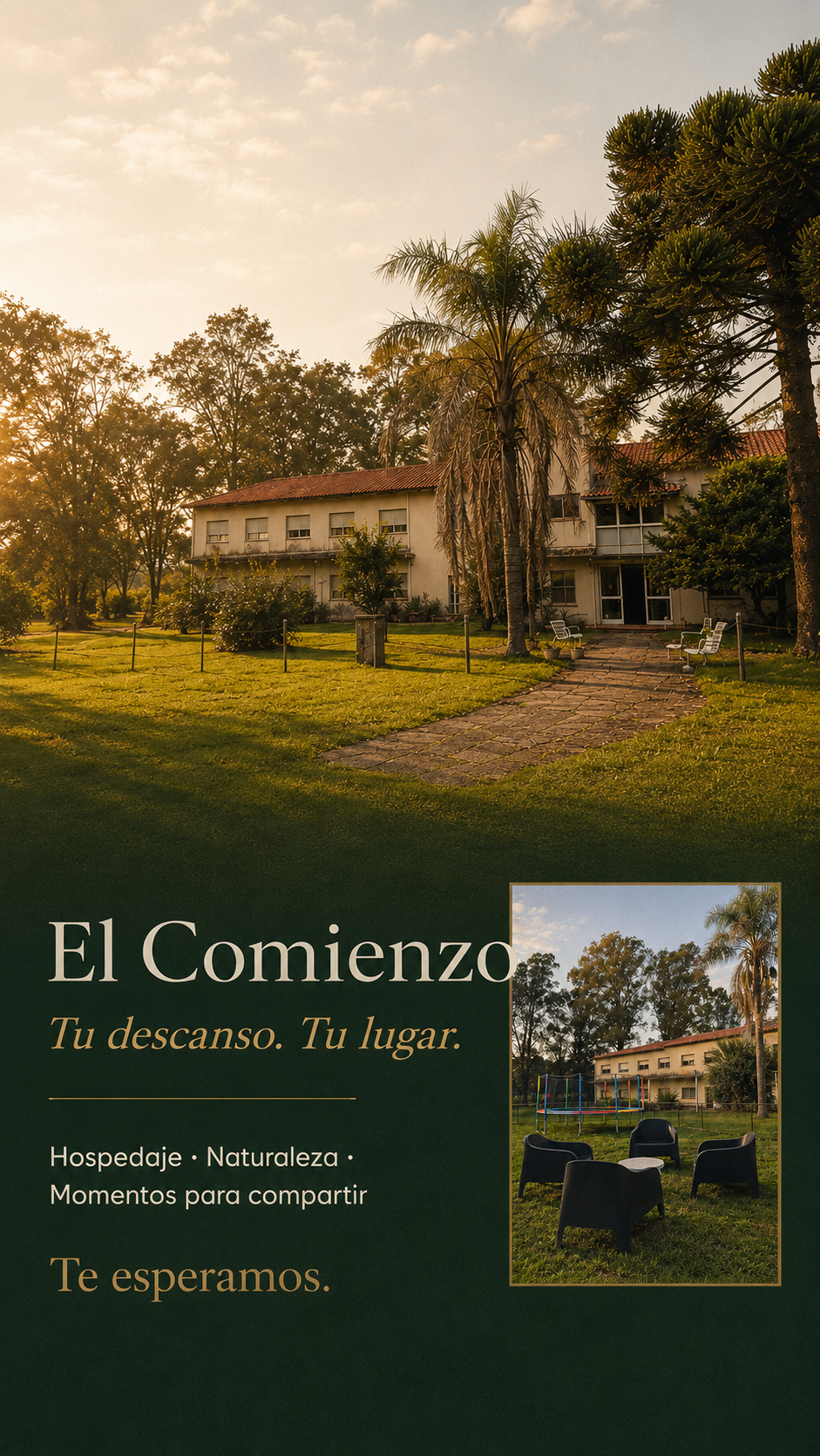Parque y casona de El Comienzo al atardecer